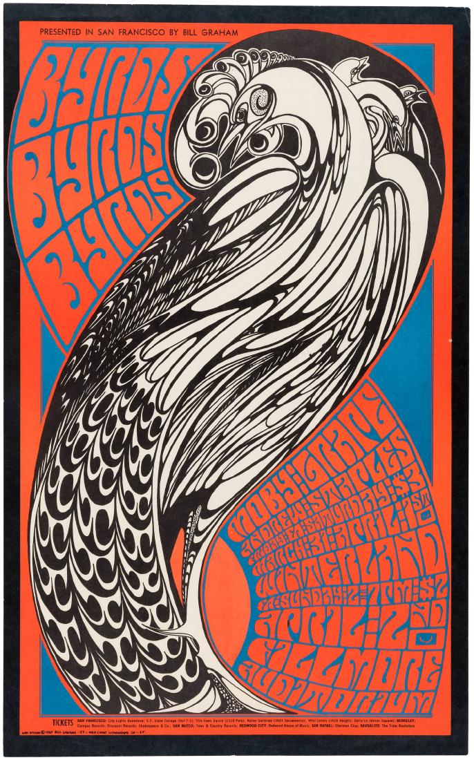 BILL GRAHAM CONCERT POSTER AND POSTCARD BG-57 FEATURING: 13.75x22.25" original first printing on medium stock for March 31- April 2, 1967 concerts that took place at the Fillmore Auditorium and Winterland in San Francisco, CA. featuring The Byrds, Moby Grap
