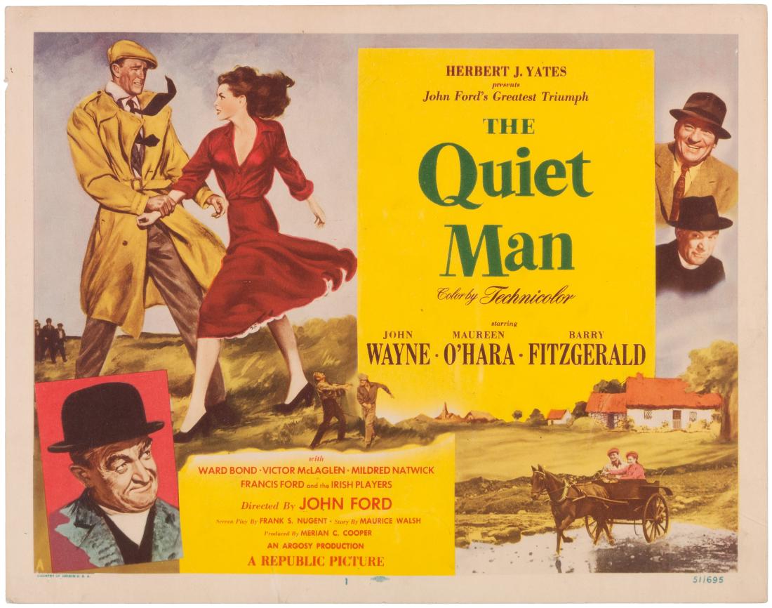 JOHN WAYNE "THE QUIET MAN" LOBBY CARD SET.: Complete set of eight 11x14" lobby cards for the original release of the 1952 romantic comedy-drama film directed by John Ford and starring John Wayne, Maureen O'Hara, Barry Fitzgerald, Ward Bond and