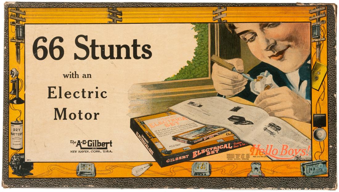 GILBERT "66 STUNTS WITH AN ELECTRIC MOTOR" BOXED 1922 S: 10x18x1.25" deep cardboard box w/illustrated lid contains A.C. Gilbert Co. set, 1922. Lid features image of boy w/"Gilbert Electrical Set" box/manual and working on apparatus. Box shows corner tip/edg