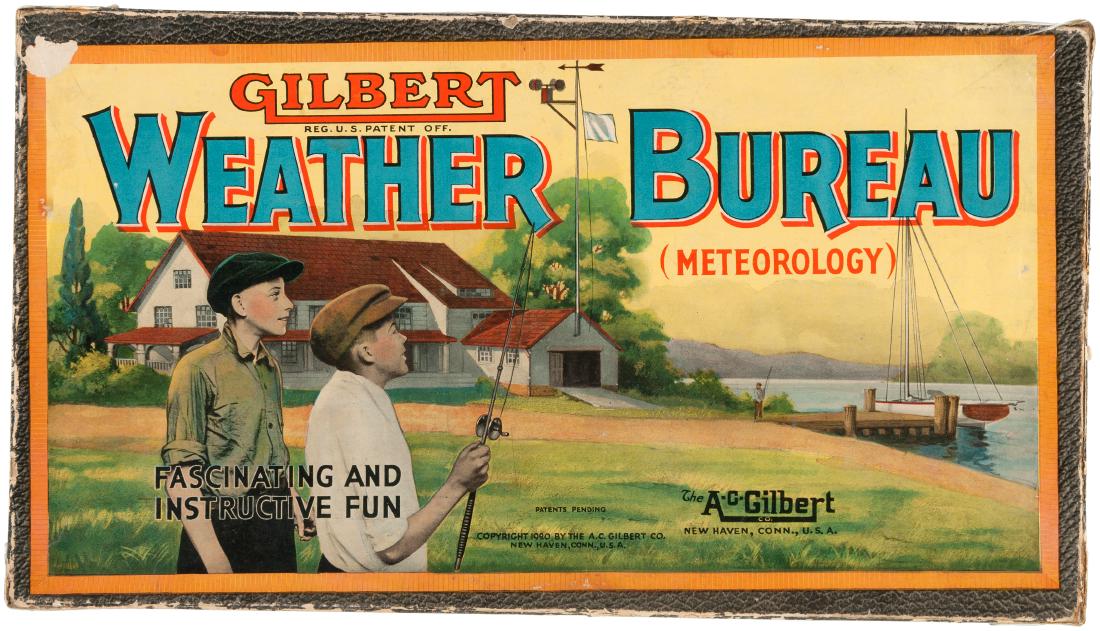"GILBERT WEATHER BUREAU (METEOROLOGY)" BOXED 1920 SET.: 8.5x12-3/8x3" deep cardboard box w/illustrated lid contains A.C. Gilbert Co. set No. 6533, ©1920. Lid features image of boys checking weather station before heading out on boat to go fishing. Box sho