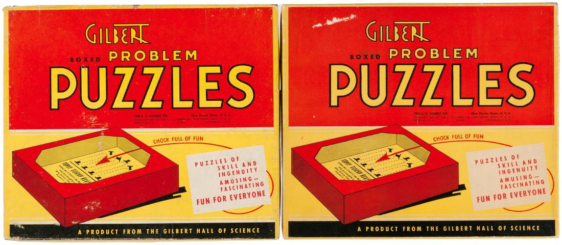GILBERT PUZZLES BOXED TRIO.: Lot of three A.C. Gilbert Co. puzzle sets, all from 1951. Lot consists of two 8-7/8x10-3/8x1" deep boxed set No. 1034, each containing six different boxed dexterity games. Between the two boxes, there