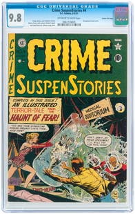 "CRIME SUSPENSTORIES" #4 APRIL-MAY 1951 CGC 9.8 NM/MINT: EC. Decapitated head cover. Johnny Craig, Bill Gaines and Al Feldstein stories. Johnny Craig cover and art w/additional art by Jack Kamen, Graham Ingels and Jack Davis. Off-white to white pages. Gaine
