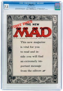 "MAD" #24 JULY 1955 CGC 7.5 VF-.: EC. First magazine-sized issue. First "What? Me Worry?" cover. Harvey Kurtzman stories and cover. Wally Wood, Jack Davis, Will Elder and Bernie Krigstein art. Off-white to white pages.