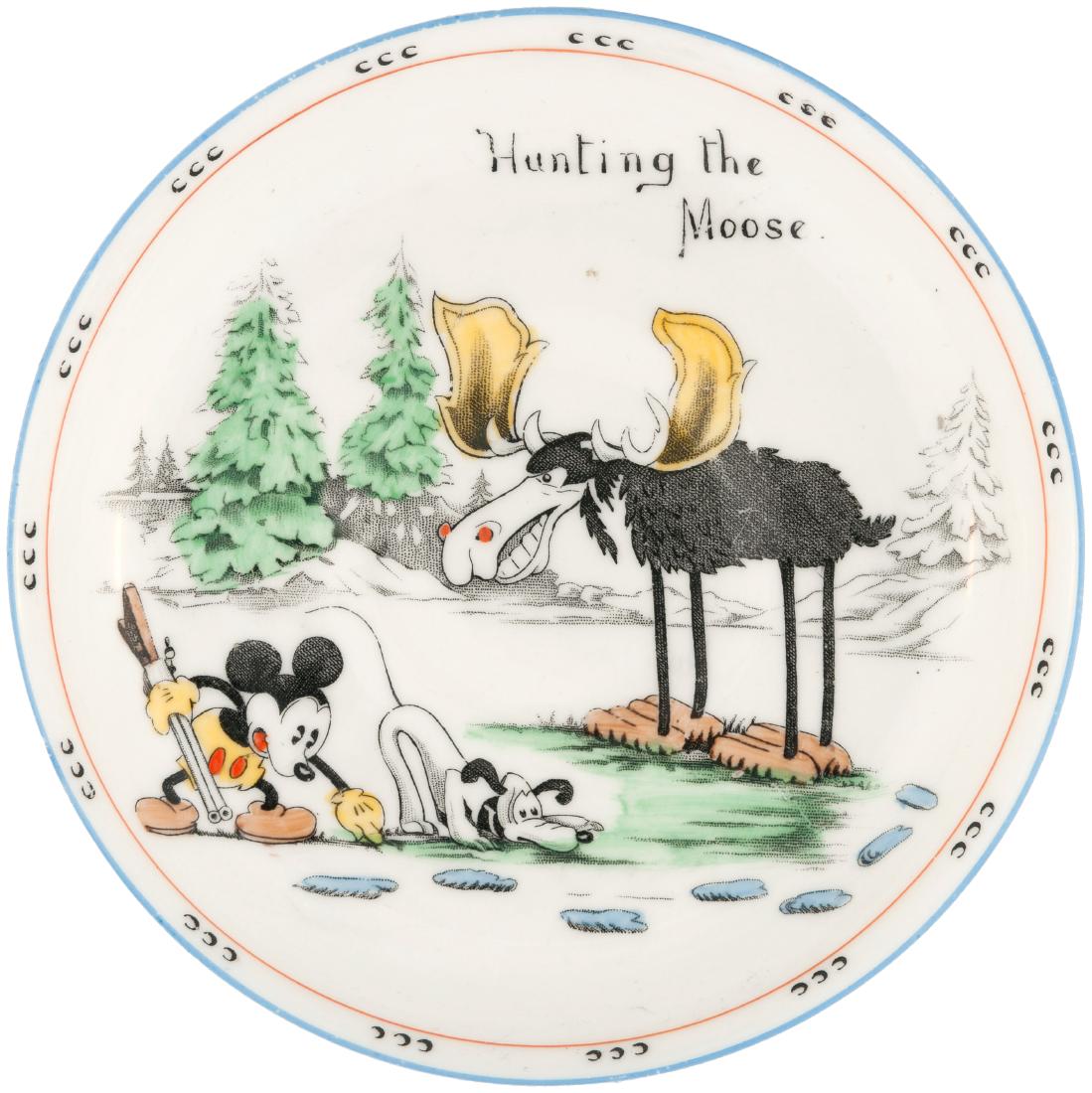MICKEY MOUSE EXCEPTIONAL "THE MOOSE HUNT" PARAGON CHINA: 5.25" dia. by 7/8" deep saucer features image Mickey Mouse and Pluto from the 1931 Mickey Mouse animated short "The Moose Hunt." Traditional Paragon accents appear on rim and underside has "Royal Para
