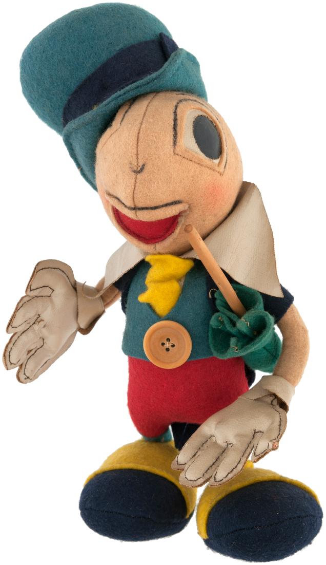 PINOCCHIO - JIMINY CRICKET DOLL.: High quality 9" tall felt doll w/stitched leatherette hands, eyes and collar w/large plastic vest button and wooden handle felt umbrella. Most likely made in Italy, 1940s and done in the style of doll