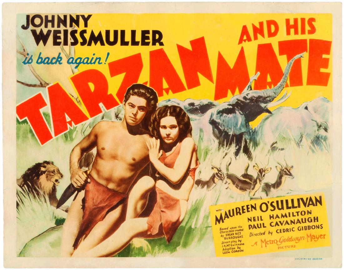 "TARZAN AND HIS MATE" TITLE CARD.: 11x14" title card for the original release of the 1934 film, the second Tarzan film to star Johnny Weismuller in the title role. Card features both Weismuller and female lead Maureen O'Sullivan w/vari