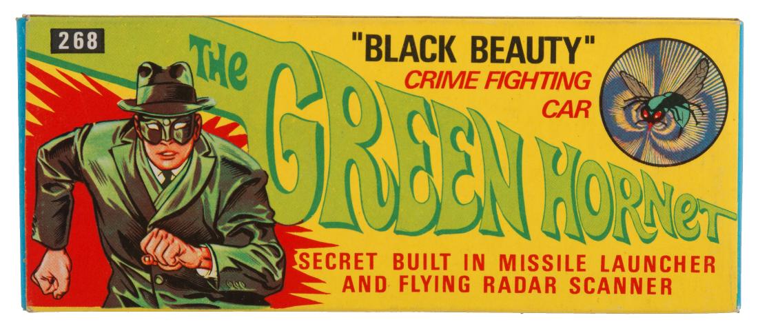 "GREEN HORNET - BLACK BEAUTY" BOXED CORGI DIE-CAST CAR.: Illustrated cardboard box contains 5" long die-cast metal and plastic replica #268 w/inner pop-up display. ©1966 Greenway Productions Inc. Car is nicely designed and has "Secret Built In Missile Laun