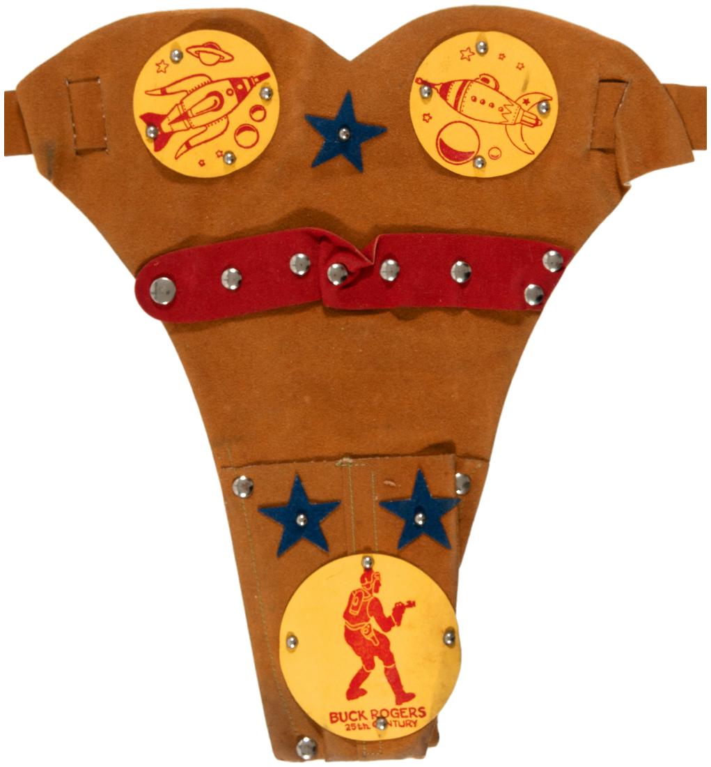 "BUCK ROGERS 25TH CENTURY" DAISY HOLSTER.: 11x11" suede on canvas holster for Daisy Rocket Pistol XZ-31 (see item #2141), complete w/original matching belt. Holster has stiff fabric patches w/metal rivets, rocketships and planet images as well