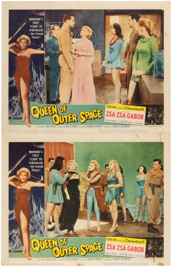 ZSA ZSA GABOR "QUEEN OF OUTER SPACE" LOBBY CARD PAIR.: Pair o 11x14" lobby card for original release of the 1958 sci-fi film directed by Edward Bernds and starring Zsa Zsa Gabor, Eric Fleming and Laurie Mitchell in a tale about a revolt against a cruel Ve