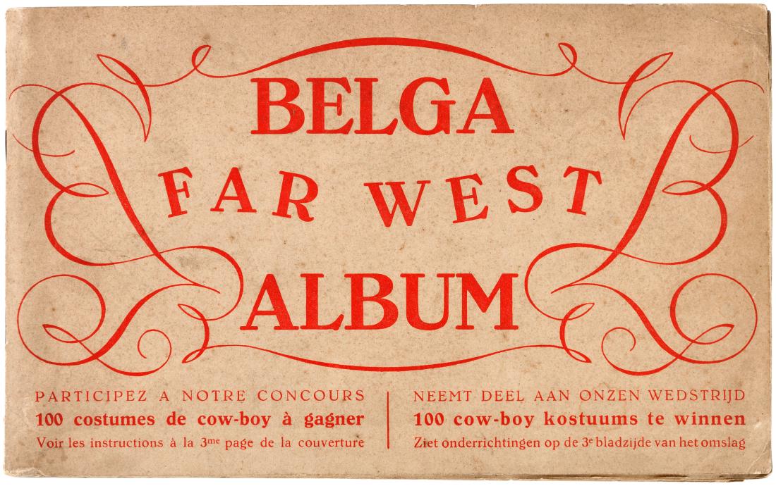 "BELGA FAR WEST" COMPLETE GUM CARD ALBUM.: 6x10" album contains complete set of 48 cards, each 2.5x3" and all neatly mounted at appropriate spots. Issued in 1938 by Belgian Chewing Gum and essentially the same as the 1933 Wild West issue by Gu