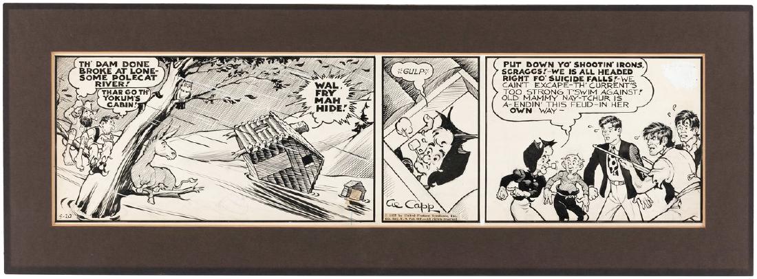 "LI'L ABNER" 1937 DAILY STRIP ORIGINAL ART BY AL CAPP.: 6.5x23" artboard has Al Capp's pencil and ink original art for May 20, 1937 daily strip. Strip features three panels, w/first panel showing the Yokum's cabin being washed away by water from the dam br
