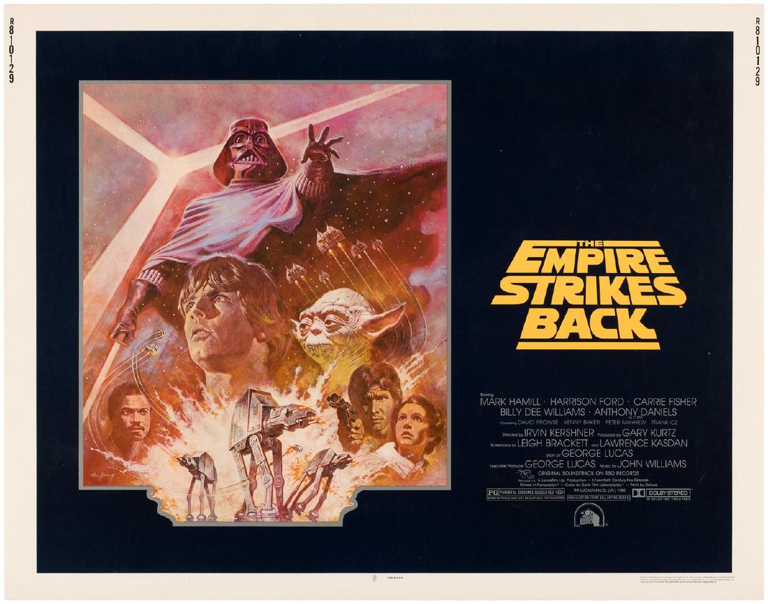 "THE EMPIRE STRIKES BACK" HALF-SHEET MOVIE POSTER.: 22x28" half-sheet poster for the 1981 re-release of the 1980 "Star Wars" sequel. Poster features Tom Jung's art, w/Darth Vader towering over Luke Skywalker, Lando Calrissian, Yoda, Han Solo and Prince