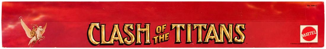 CLASH OF THE TITANS MATTEL ACTION FIGURES SHELF TALKER.: 3.5x23.75" card stock shelf talker w/unused adhesive strip on reverse side. ©1980 MGM. Cardstock display piece is old stock with lt. aging/corner tip wear and one lt. surface crease. "Clash Of The Ti
