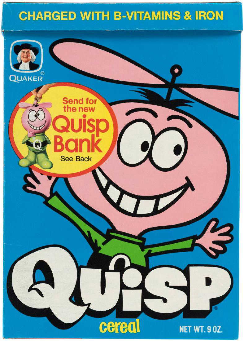 QUAKER "QUISP" CEREAL BOX WITH "QUISP BANK" PREMIUM OFFER.