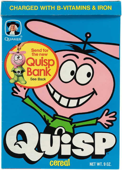 quaker quisp cereal box with quisp bank premium offer