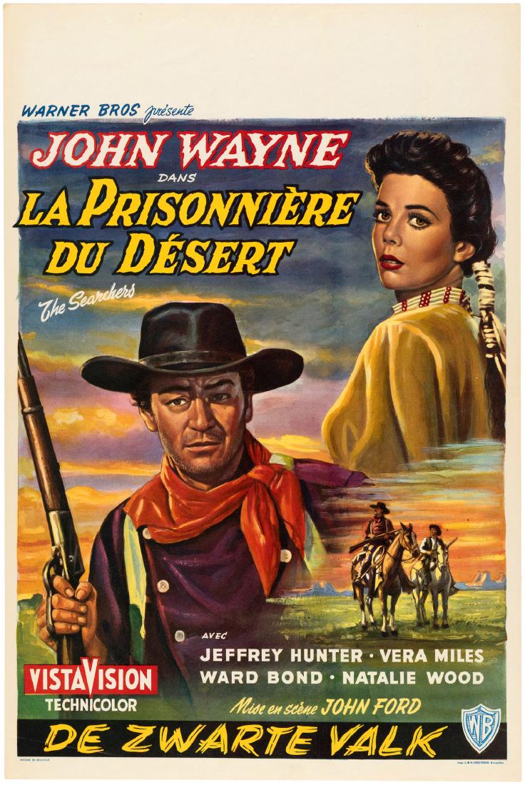JOHN WAYNE "THE SEARCHERS" BELGIAN MOVIE POSTER.: 14x21.25" poster for original Belgian release of the classic 1956 Warner Bros. Western directed by John Ford and starring John Wayne, Jeffrey Hunter, Vera Miles and Natalie Wood. Poster features great