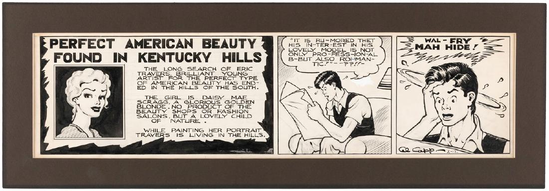 "LI'L ABNER" 1936 DAILY STRIP ORIGINAL ART BY AL CAPP.: 6-3/8x23" artboard has Al Capp's pencil and ink original art for Feb. 12, 1936 daily strip. Strip features three panels, w/first panel having "Perfect American Beauty Found In Kentucky Hills" headline