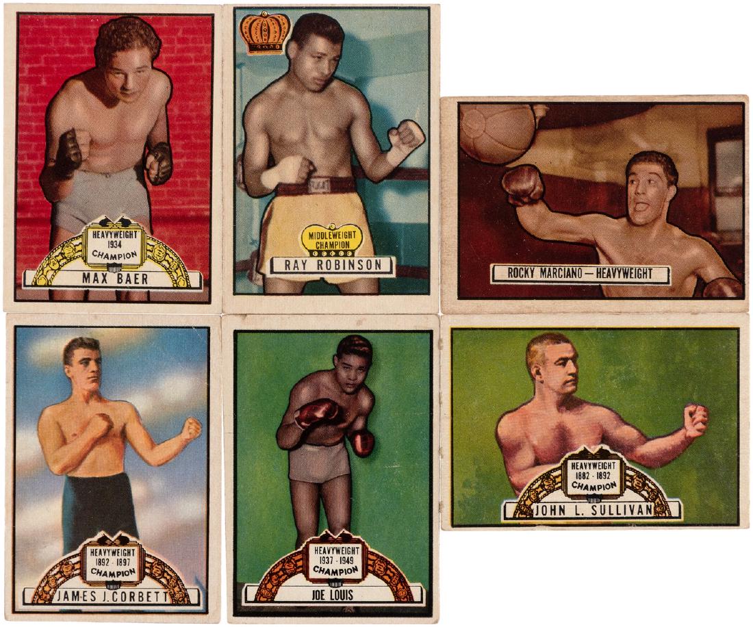 1951 TOPPS RINGSIDE BOXING CARDS COMPLETE SET.: 1951 TOPPS RINGSIDE BOXING CARDS COMPLETE SET. Set of 96, each 2-1/16x2-15/16" issued in 1951 by Topps. Card fronts feature boxing greats from several decades as well as five wrestlers. Front design i