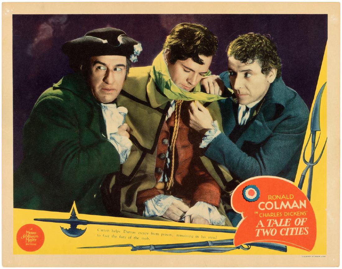 RONALD COLMAN "A TALE OF TWO CITIES" LOBBY CARD.: RONALD COLMAN "A TALE OF TWO CITIES" LOBBY CARD. 11x14" lobby card for the original release of the 1935 film based upon Charles Dickens' 1859 historical novel, "A Tale Of Two Cities," which was set du