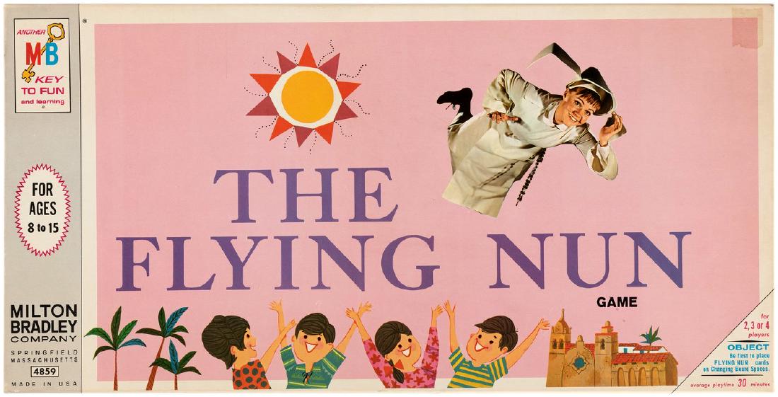 "THE FLYING NUN GAME" IN UNUSED CONDITION.: "THE FLYING NUN GAME" IN UNUSED CONDITION. 9-5/8x19x1.5" deep cardboard box w/illustrated lid contains complete parts for Milton Bradley game. ©1968 Screen Gems, Inc. Based on the 1967-1970 TV sitcom