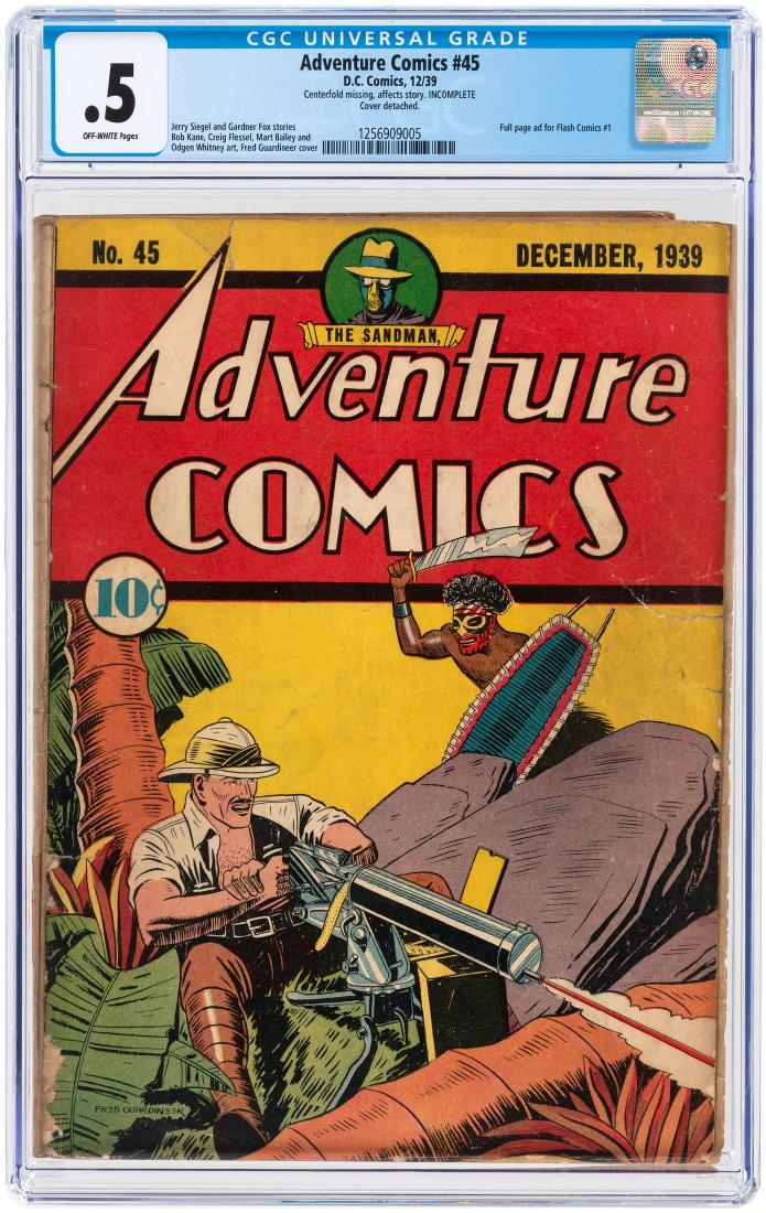 "ADVENTURE COMICS" #45 DECEMBER 1939 CGC .5 POOR.: "ADVENTURE COMICS" #45 DECEMBER 1939 CGC .5 POOR. DC. Jerry Siegel and Gardner Fox stories. Bob Kane, Creig Flessel, Mart Bailey and Ogden Whitney art. Fred Guardineer cover. Full page ad for Flash Co
