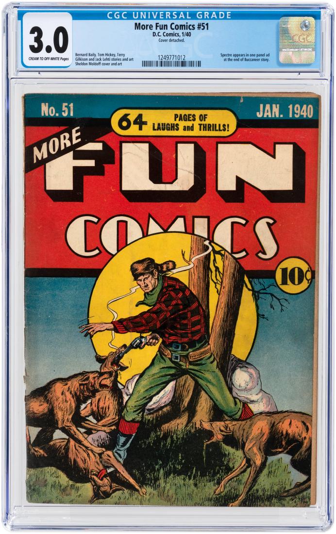 "MORE FUN COMICS" #51 JANUARY 1940 CGC 3.0 GOOD/VG.: "MORE FUN COMICS" #51 JANUARY 1940 CGC 3.0 GOOD/VG. DC. The Spectre appears in one panel ad at the end of Buccaneer story. Bernard Baily, Tom Hickey, Terry Gilkison and Jack Lehti stories and art. She