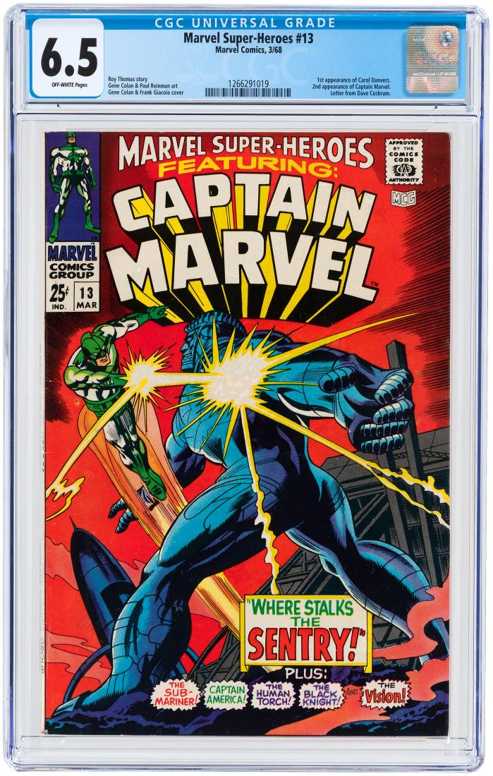 "MARVEL SUPER-HEROES" #13 MARCH 1968 CGC 6.5 FINE+: "MARVEL SUPER-HEROES" #13 MARCH 1968 CGC 6.5 FINE+ (FIRST CAROL DANVERS). Marvel. Roy Thomas story. Gene Colan and Frank Giacoia cover. Gene Colan and Paul Reinman art. First appearance of Carol Danve