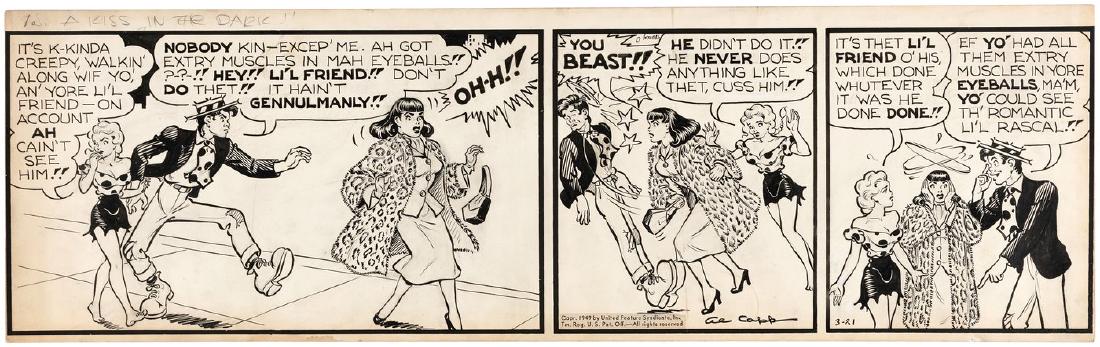 "LI'L ABNER" 1949 DAILY STRIP ORIGINAL ART BY AL CAPP.: "LI'L ABNER" 1949 DAILY STRIP ORIGINAL ART BY AL CAPP. 6-7/8x22.5" artboard has Al Capp's pencil and ink original art for March 21, 1949 daily strip. Strip features three panels, w/Daisy Mae and Abner