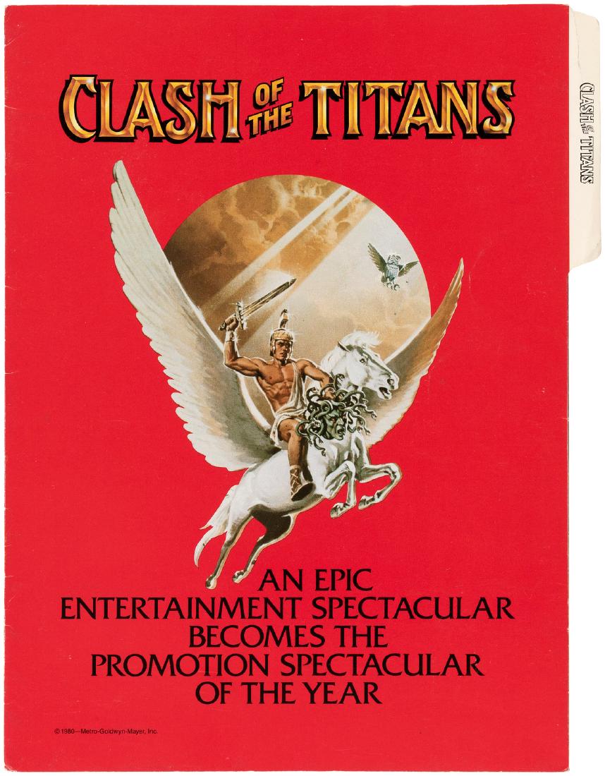 "CLASH OF THE TITANS" RETAILER'S PROMOTIONAL FOLDER.: "CLASH OF THE TITANS" RETAILER'S PROMOTIONAL FOLDER. 1981 Mattel. 8.5x11.5" promotional folder. Shows the classic action figure line & an impressive artist's rendition of a full store display and mobi