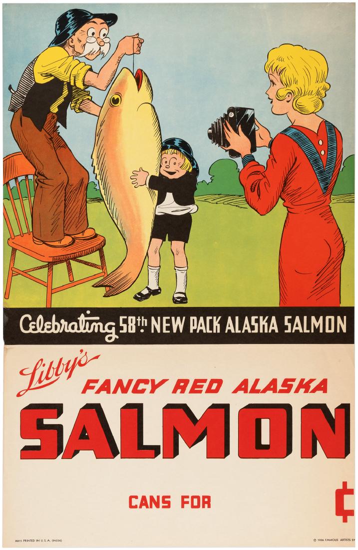 WINNIE WINKLE "LIBBY'S FANCY RED ALASKA SALMON" STORE: WINNIE WINKLE "LIBBY'S FANCY RED ALASKA SALMON" STORE SIGN. 15x23" single sided store sign features great illustration featuring Winnie Winkle taking a photo of the immense salmon being held up by Pa