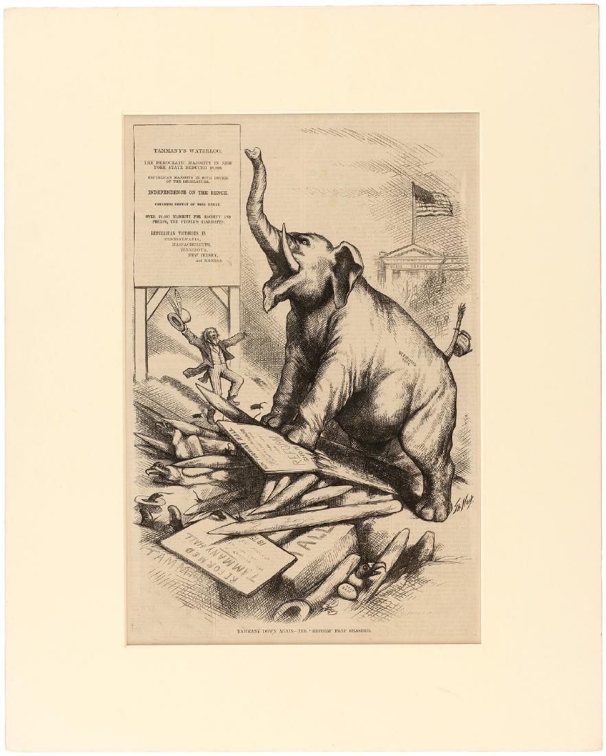 HISTORIC THOMAS NAST HARPER'S WEEKLY CARTOONS "LET US: Each is in 16x20" mat w/9.5x14.25" opening. First features William Marcy Tweed better known as "Boss Tweed: depicted as a vulture at the center of this cartoon published Sept. 23, 1871. Tweed is flank