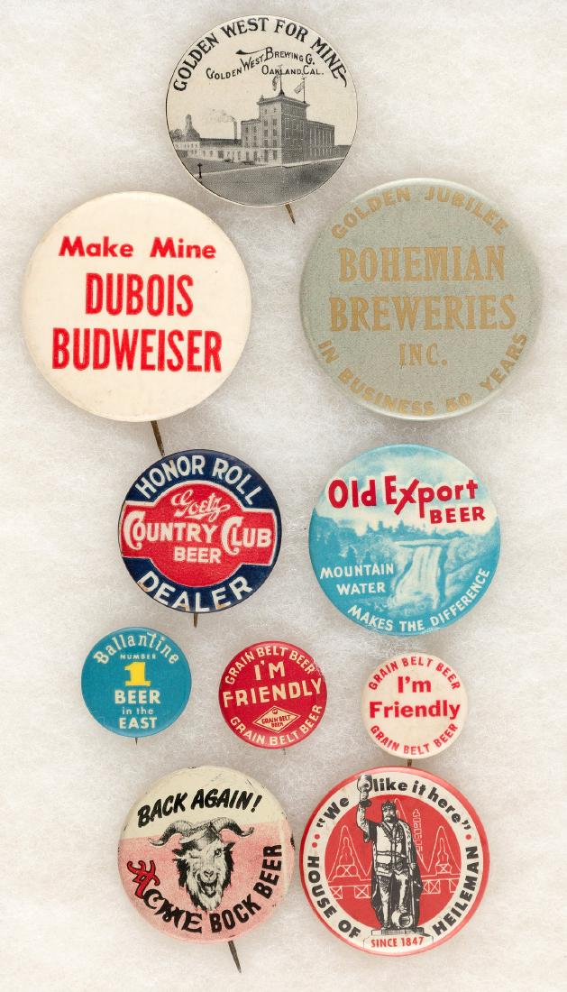 BEER ADVERTISING TEN BUTTONS C. 1933-1950s.: Sizes 1" to 2.25". Brands are: Golden West, Dubois Budweiser, Bohemian Breweries, Country Club, Old Export, Ballantine Number 1 Beer In The East, Grain Belt (two diff), Acme Bock (tiny paint wear) and