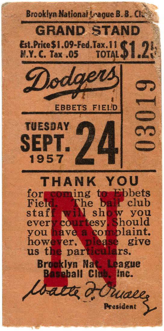 1957 BROOKLYN DODGERS TICKET STUB FOR FINAL GAME AT 1957 BROOKLYN DODGERS TICKET STUB FOR FINAL GAME AT