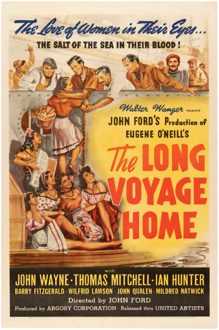 "THE LONG VOYAGE HOME" JOHN WAYNE LINEN-MOUNTED ONE: 27.25x41" for the original release of the 1940 United Artists drama set during the early days of World War II, directed by John Ford and starring John Wayne, Thomas Mitchell, Ian Hunter, Barry Fitzger