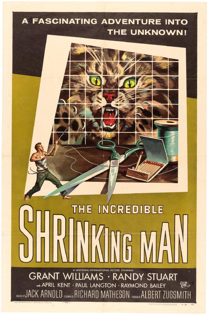 "THE INCREDIBLE SHRINKING MAN" ONE SHEET MOVIE POSTER.: 26.75x40.5" for the original release of the 1957 Universal-International Sci-Fi/Horror film directed by Jack Arnold and starring Grant Williams and Randy Stuart. Poster features classic imagery of tit