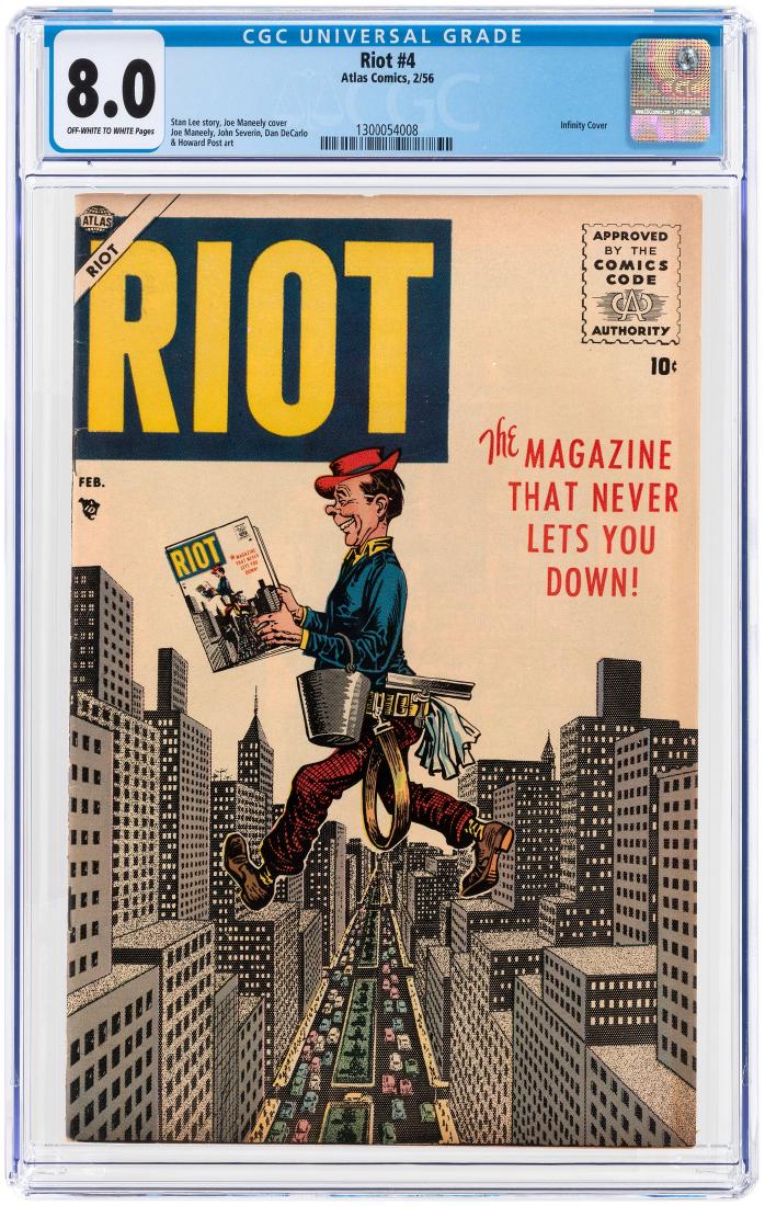 "RIOT" #4 FEBRUARY 1956 CGC 8.0 VF.: Atlas. Infinity cover. Marilyn Monroe "The Seven Year Itch" movie satire. "MAD" rip-off ads. Stan Lee story. Joe Maneely cover and art w/additional art by John Severin, Dan DeCarlo and Howard Post. Of