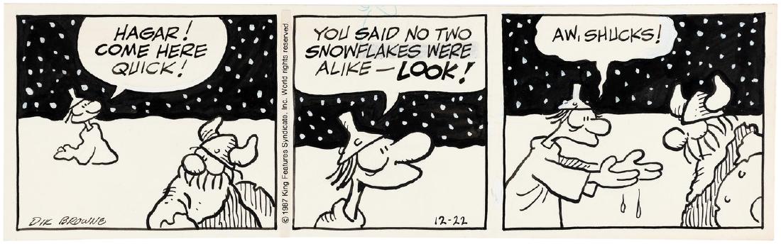 "HAGAR THE HORRIBLE" DAILY PAGE ORIGINAL ART BY DIK: 4-1/8x13-3/8" artboard has pen and ink original art in three panels for Dec. 22, 1987 daily strip by Dik Browne. Art shows Lucky Eddie standing waist deep in snow, calling Hagar over to look at snowfl