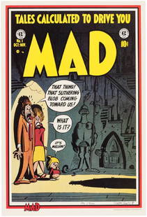 JACK DAVIS & HARVEY KURTZMAN SIGNED & NUMBERED "MAD": Pair of 16.25x24" glossy stiff paper prints of covers to "Mad." Issue #1 print has been signed in black felt tip pen at lower right by Harvey Kurtzman (1924-1993) in black felt tip pen, adding his dis