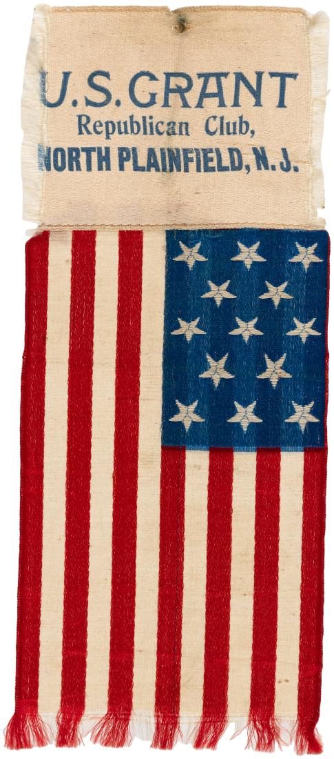 "US GRANT REPUBLICAN CLUB, NORTH PLAINFIELD" NEW JERSEY: "US GRANT REPUBLICAN CLUB, NORTH PLAINFIELD" NEW JERSEY RIBBON. 6.75" long total. 2" silk w/printed text stitched to 13 star American flag. Fraying along r/l edges of top silk affecting text at left a