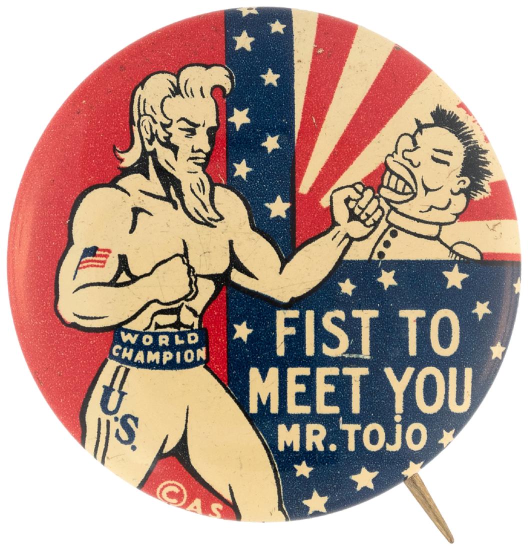 WWII UNCLE SAM AS "WORLD CHAMPION" PUNCHES "MR. TOJO": WWII UNCLE SAM AS "WORLD CHAMPION" PUNCHES "MR. TOJO" OUTSTANDING WWII CARTOON BUTTON. This 1-1/8" litho with Chicago union bugs on reverse is one of the best WWII cartoon buttons and scarce. Uncle Sa