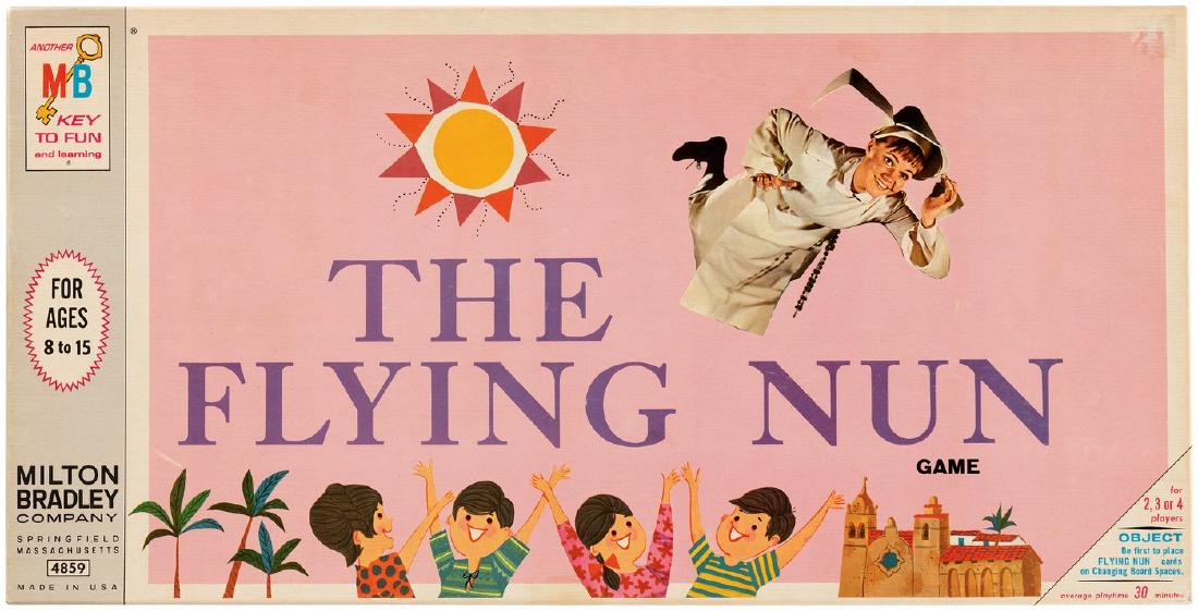 "THE FLYING NUN GAME" IN UNUSED CONDITION.: "THE FLYING NUN GAME" IN UNUSED CONDITION. 9-5/8x19x1.5" deep cardboard box w/illustrated lid contains complete parts for Milton Bradley game. ©1968 Screen Gems, Inc. Based on the 1967-1970 TV sitcom
