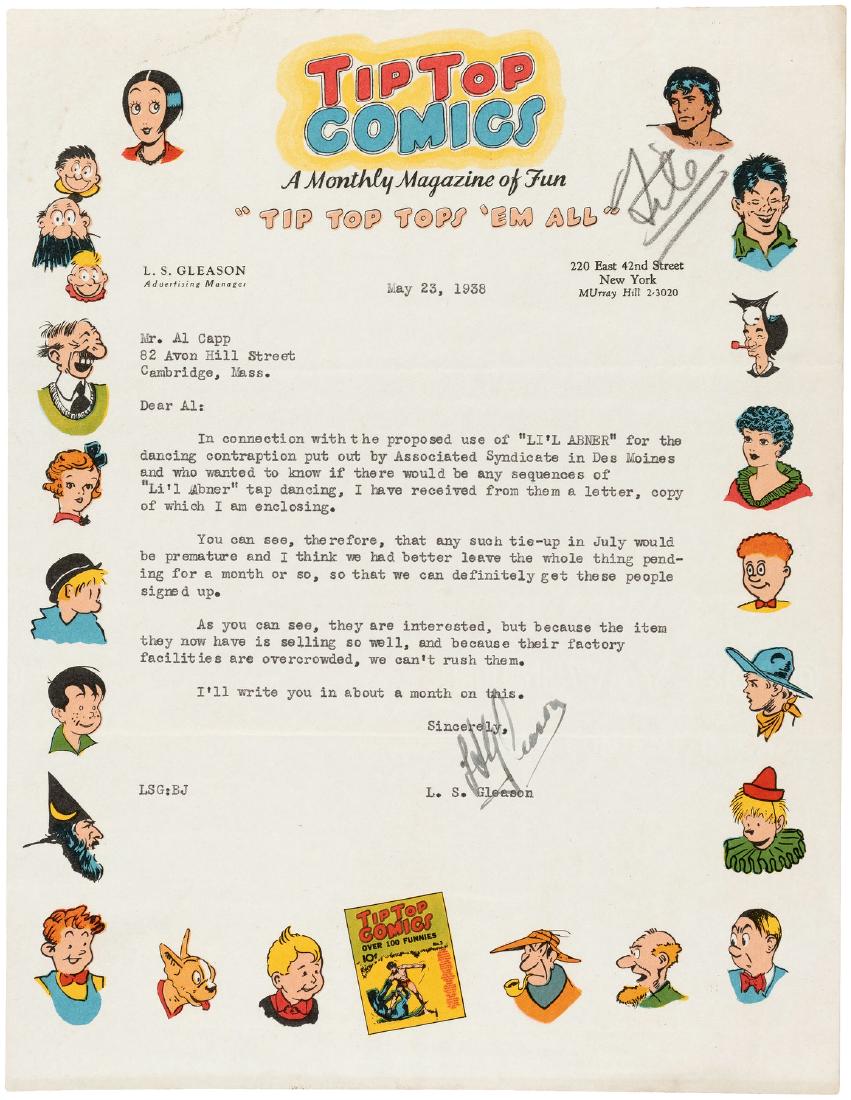 "TIP TOP COMICS" 1938 LETTER FROM PUBLISHER LEV GLEASON: "TIP TOP COMICS" 1938 LETTER FROM PUBLISHER LEV GLEASON TO AL CAPP. Leverett Stone Gleason (1898-1971) - founder of Lev Gleason Publications - was the publisher of a number of popular comic books duri