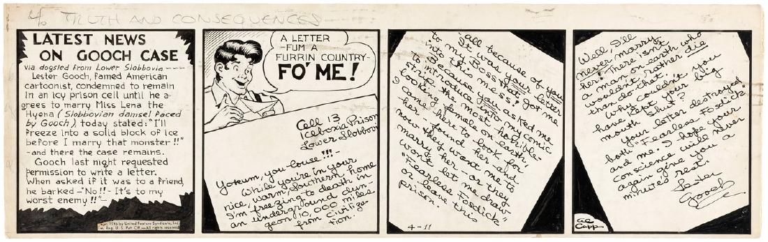 "LI'L ABNER" 1946 DAILY STRIP ORIGINAL ART BY AL CAPP.: "LI'L ABNER" 1946 DAILY STRIP ORIGINAL ART BY AL CAPP. 7-1/8x23-1/8" artboard has Al Capp's pen and ink original art for April 11, 1946 daily strip. Strip features four panels, w/text in first panel r