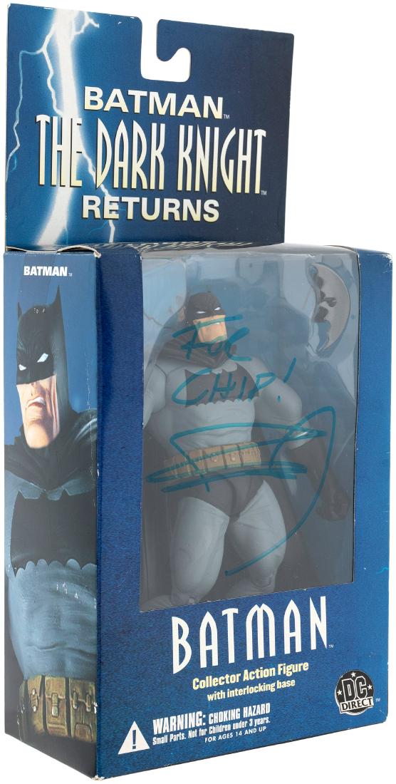 DARK KNIGHT FRANK MILLER SIGNED BATMAN ACTION FIGURE &: DARK KNIGHT FRANK MILLER SIGNED BATMAN ACTION FIGURE & CHIP KIDD SIGNED "DARK KNIGHT III" COMIC. Window box contains 7-3/8" tall DC Direct Batman action figure from Frank Miller's ground-breaking "The