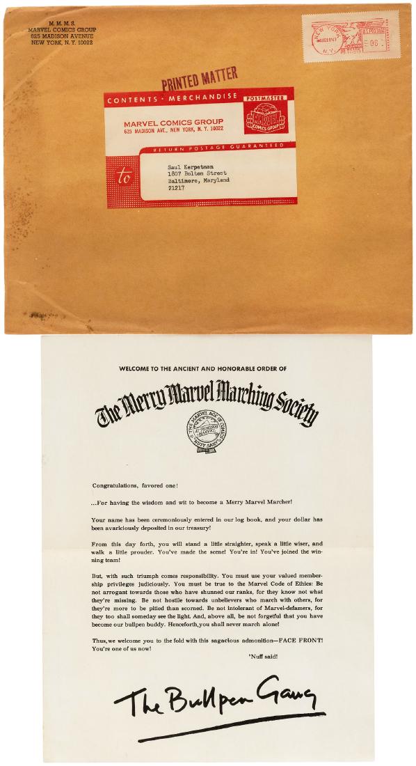 "MERRY MARVEL MARCHING SOCIETY" SECOND VERSION MARVEL: "MERRY MARVEL MARCHING SOCIETY" SECOND VERSION MARVEL COMICS CLUB KIT. Complete 1967-1969 version kit w/8-3/8x10.5" mailing envelope, complete w/desirable mailing label featuring Thing portrait. Envel