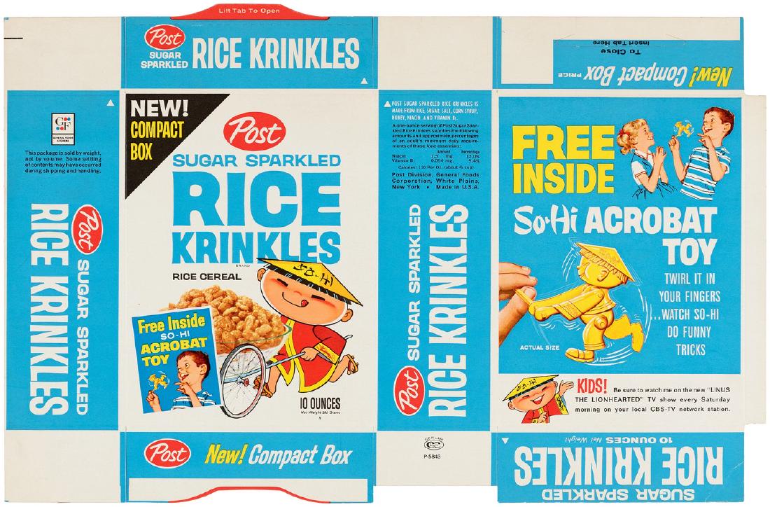 POST "SUGAR SPARKLED RICE KRINKLES" FILE COPY CEREAL: POST "SUGAR SPARKLED RICE KRINKLES" FILE COPY CEREAL BOX FLAT WITH "SO-HI ACROBAT" OFFER & PREMIUM. 11x16.75" flat features So-Hi mascot on front w/text block promoting "So-Hi Acrobat Toy" premium tha