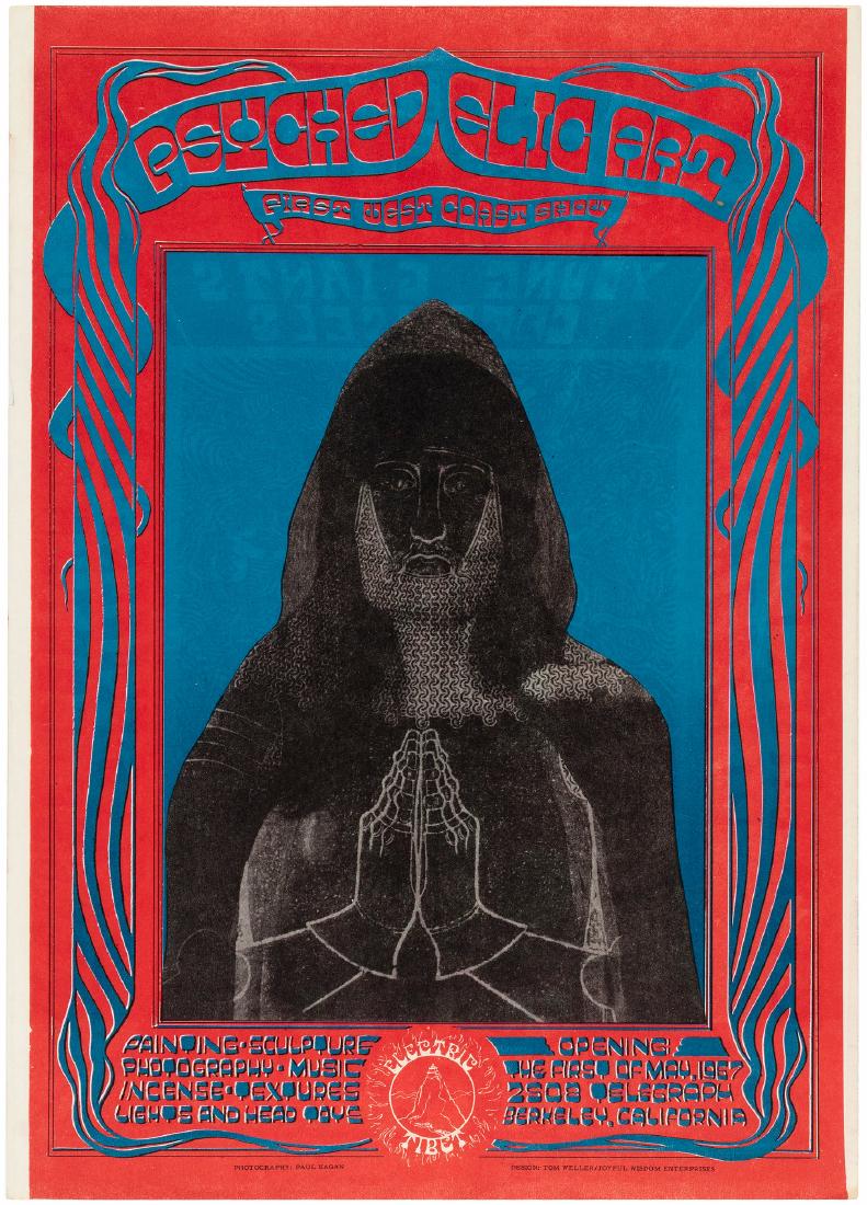 "SUNSET HEALTH FOOD STORE" & "PSYCHED ELIC ART" SHOW: "SUNSET HEALTH FOOD STORE" & "PSYCHED ELIC ART" SHOW POSTER PAIR. Pair of stiff paper poster that date to 1967. 14x20" poster for Haight-Ashbury San Francisco, CA health food store Sunset Health featu