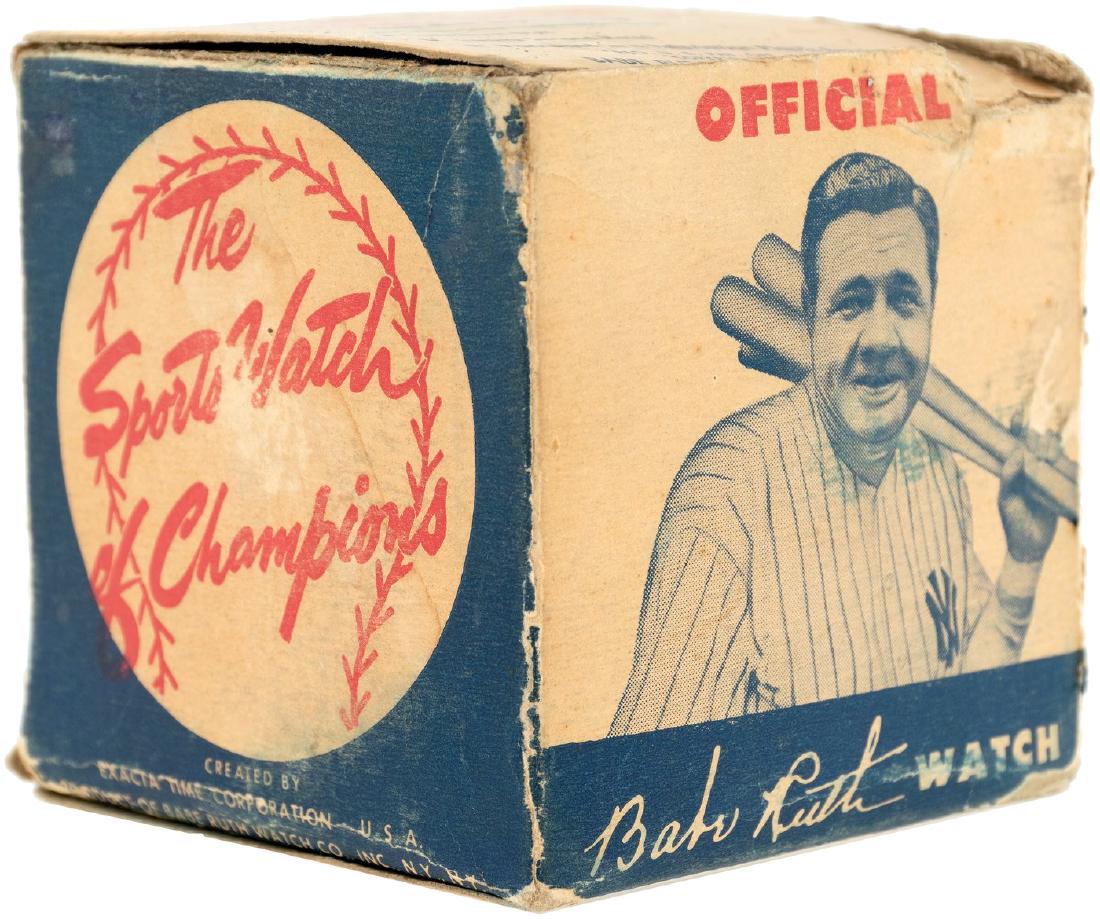 "OFFICIAL BABE RUTH WRIST WATCH - SPORTS WATCH OF: OFFICIAL BABE RUTH WRIST WATCH - SPORTS WATCH OF CHAMPIONS BOXED WATCH WITH BASEBALL CASE. Original photo illustrated cardboard box contains 3" dia. two-piece plastic case in baseball shape, complete