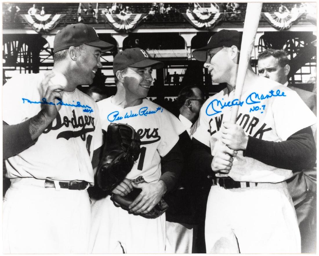 MICKEY MANTLE, DUKE SNIDER & PEE WEE REESE SIGNED: MICKEY MANTLE, DUKE SNIDER & PEE WEE REESE SIGNED OVERSIZED PHOTO. Oversized 16x20" photo print on linen mounted to foamcore shows Mickey Mantle, Duke Snider and Pee Wee Reese chatting during the 1956