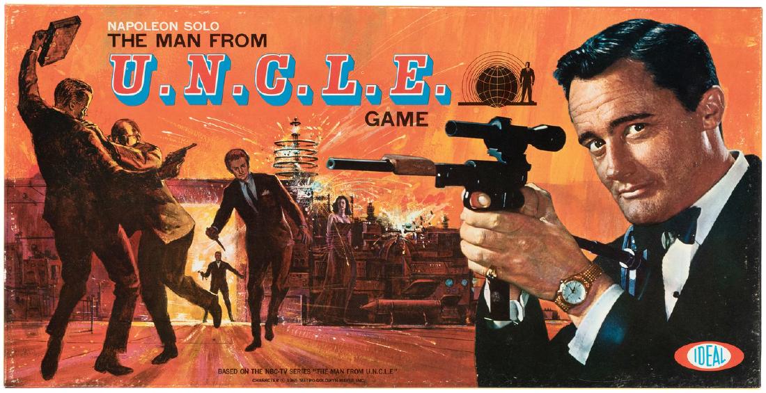 "THE MAN FROM U.N.C.L.E. GAME" IN UNUSED CONDITION.: THE MAN FROM U.N.C.L.E. GAME IN UNUSED CONDITION. 10x19.5x2" deep cardboard box w/illustrated lid contains complete parts for Ideal game. ©1965 MGM Inc. Based on the 1964-1968 TV spy show, features p